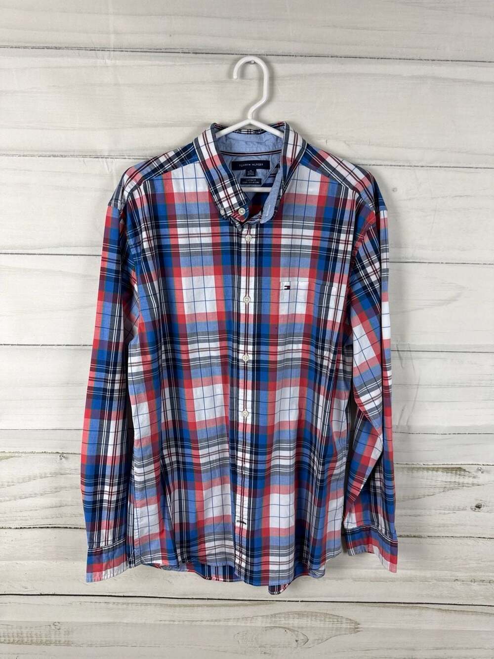 Tommy Hilfiger XL Custom Fit Red Blue Plaid Long Sleeve Button Down Shirt
